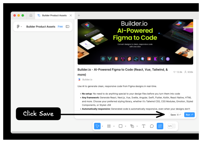 Builder Figma Plugin installation page in Figma, with the text "Click Save" and an arrow pointing towards the Save button.
