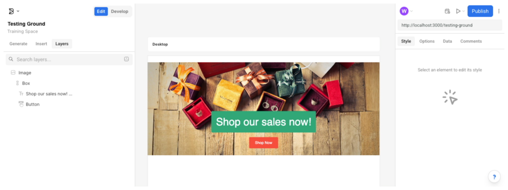 The final design of creating a hero block within the Visual Editor, which includes an image of small boxes of jewelry with the text Shop our sales now on top of it and a button.